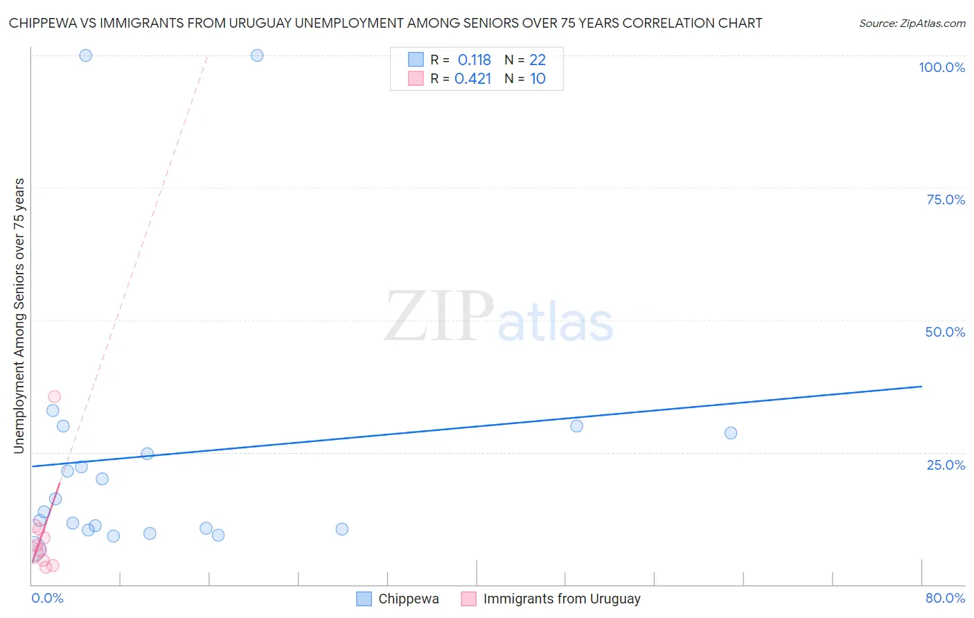 Chippewa vs Immigrants from Uruguay Unemployment Among Seniors over 75 years