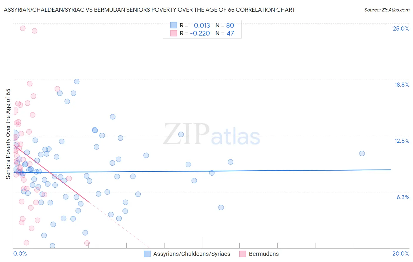 Assyrian/Chaldean/Syriac vs Bermudan Seniors Poverty Over the Age of 65