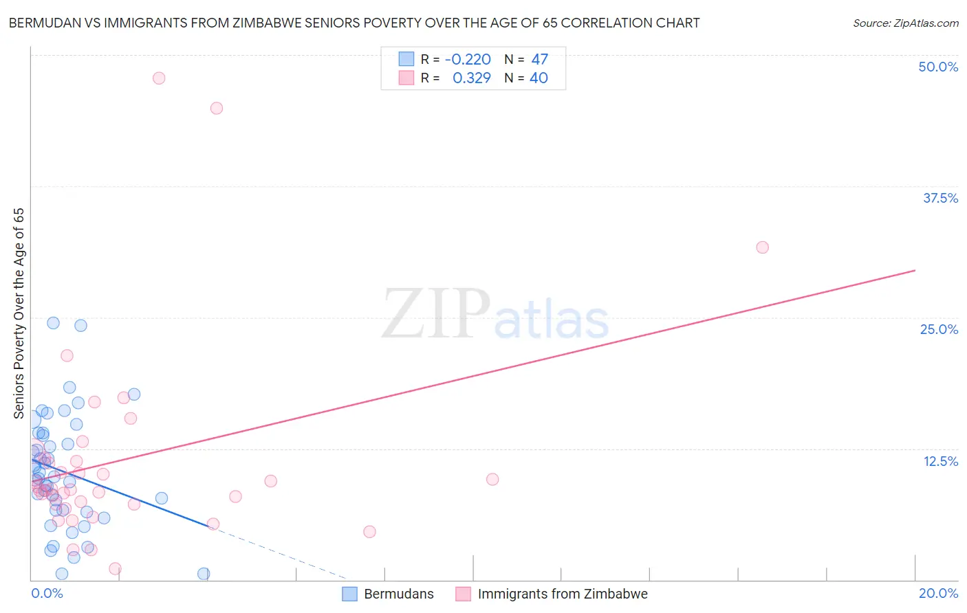 Bermudan vs Immigrants from Zimbabwe Seniors Poverty Over the Age of 65