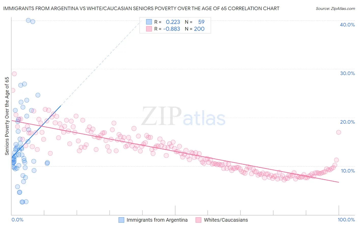 Immigrants from Argentina vs White/Caucasian Seniors Poverty Over the Age of 65