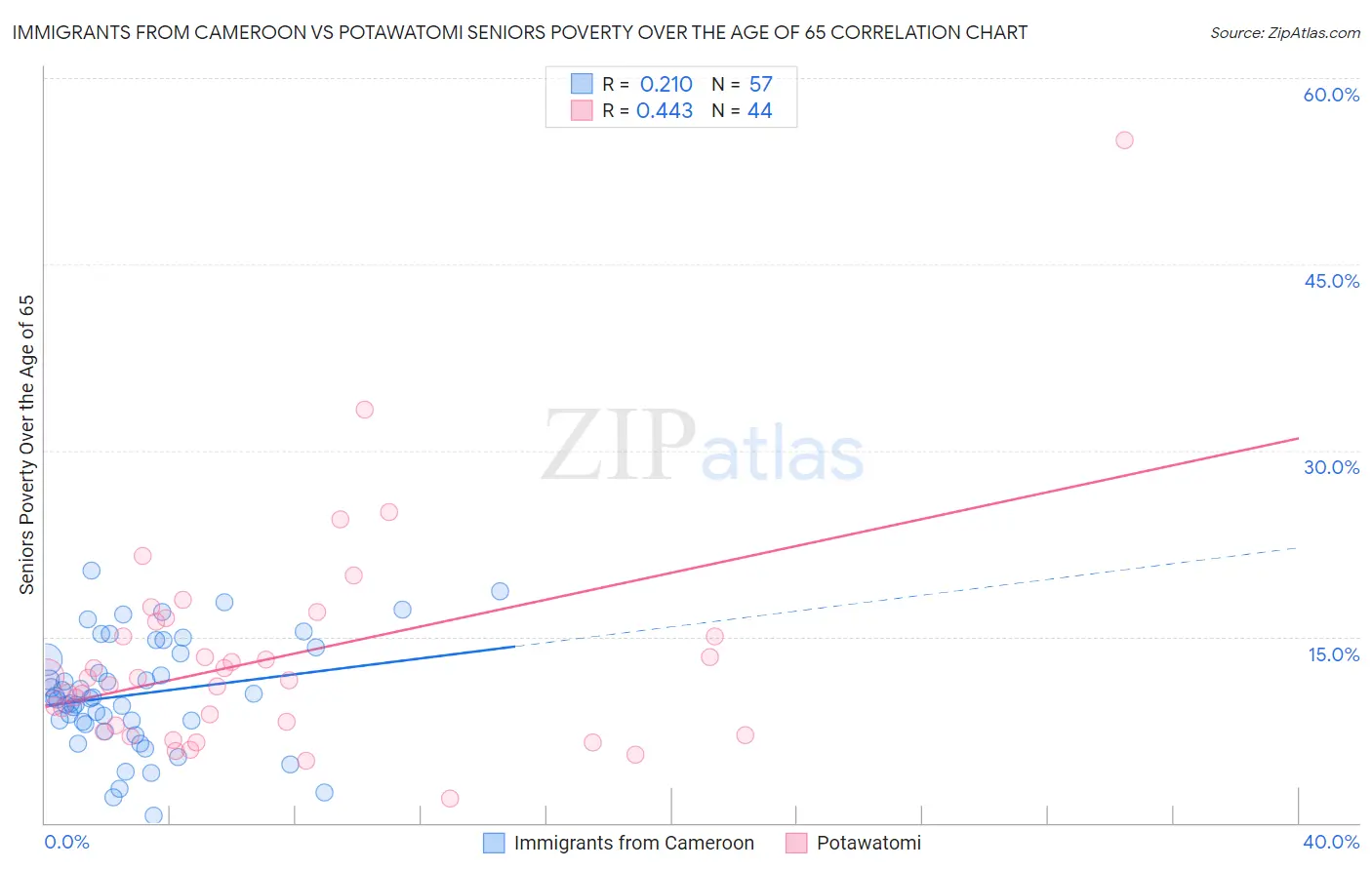 Immigrants from Cameroon vs Potawatomi Seniors Poverty Over the Age of 65