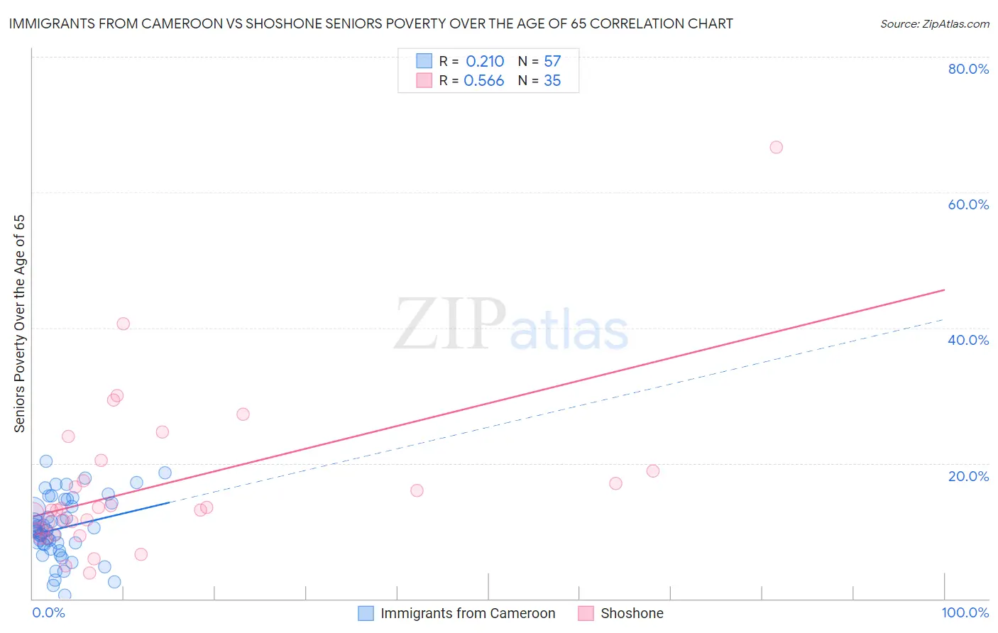 Immigrants from Cameroon vs Shoshone Seniors Poverty Over the Age of 65