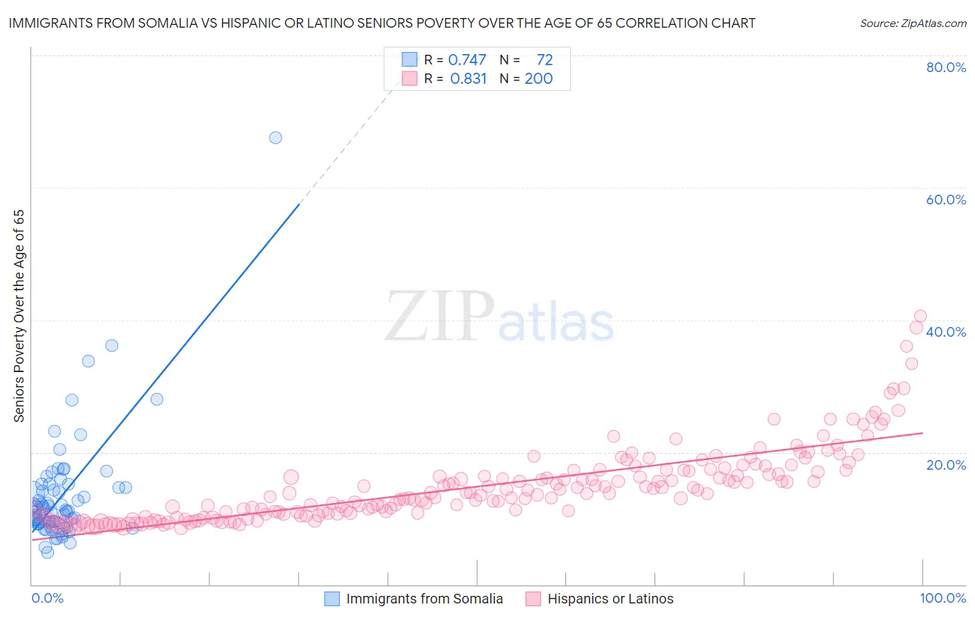 Immigrants from Somalia vs Hispanic or Latino Seniors Poverty Over the Age of 65