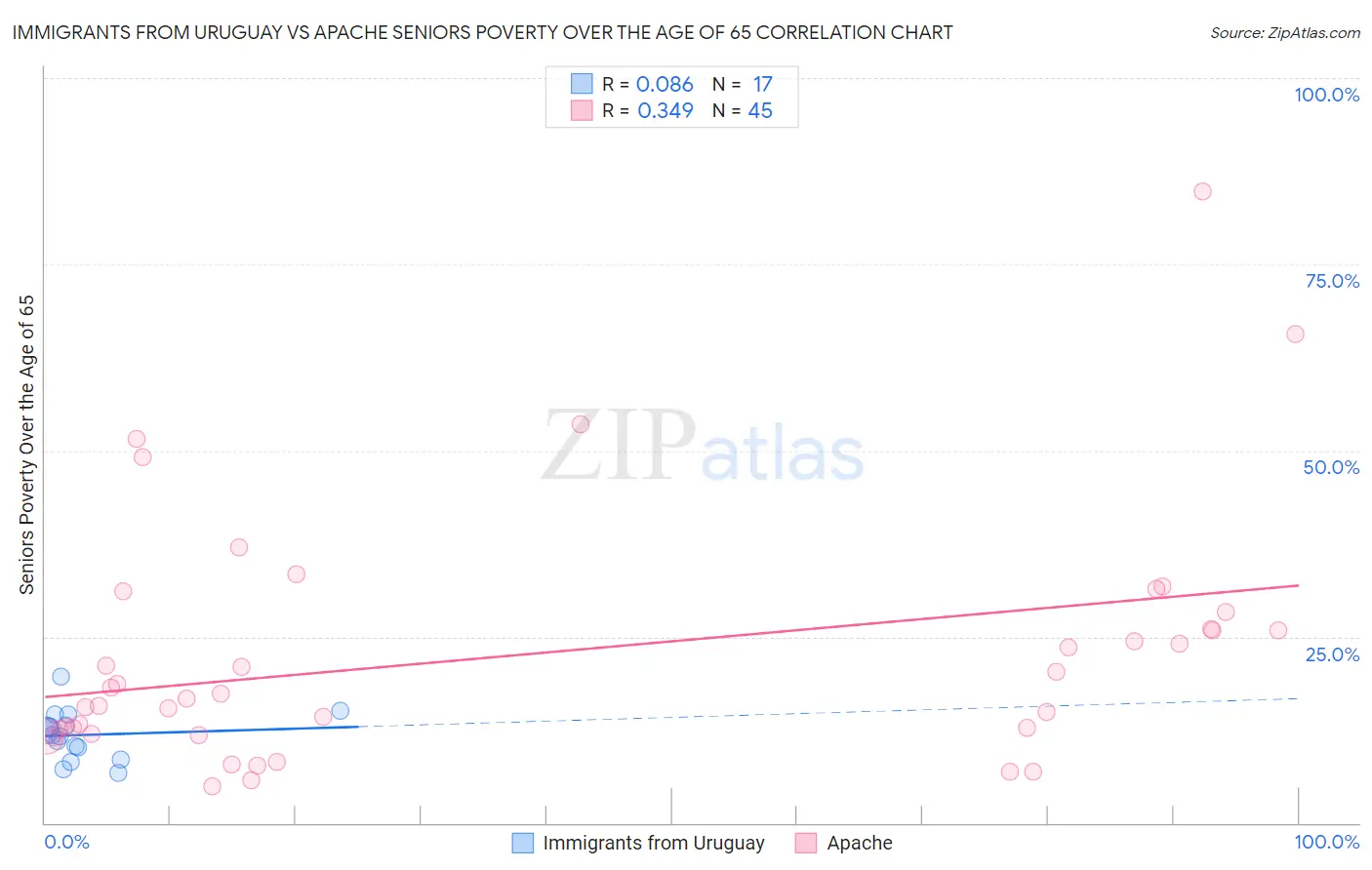 Immigrants from Uruguay vs Apache Seniors Poverty Over the Age of 65