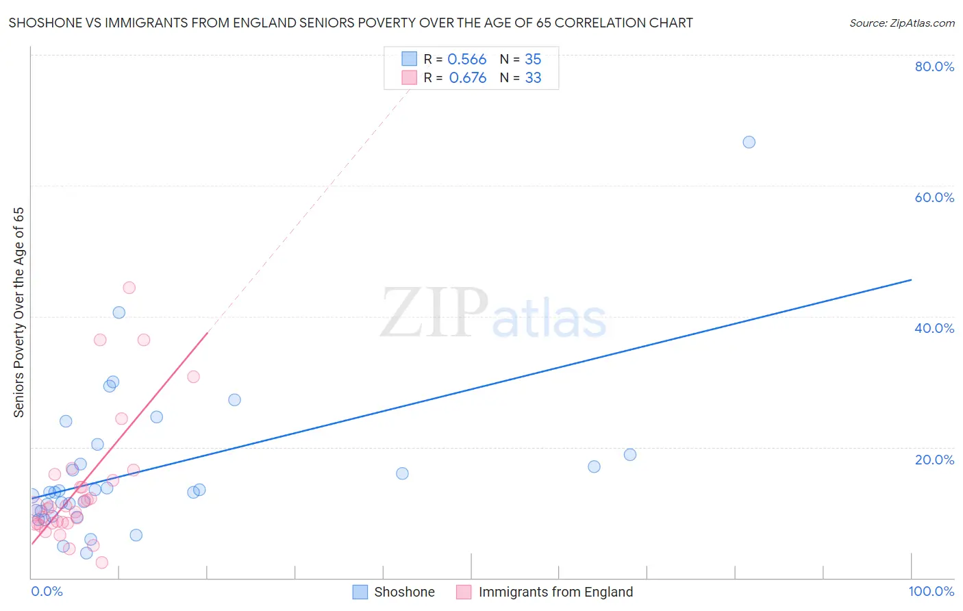 Shoshone vs Immigrants from England Seniors Poverty Over the Age of 65