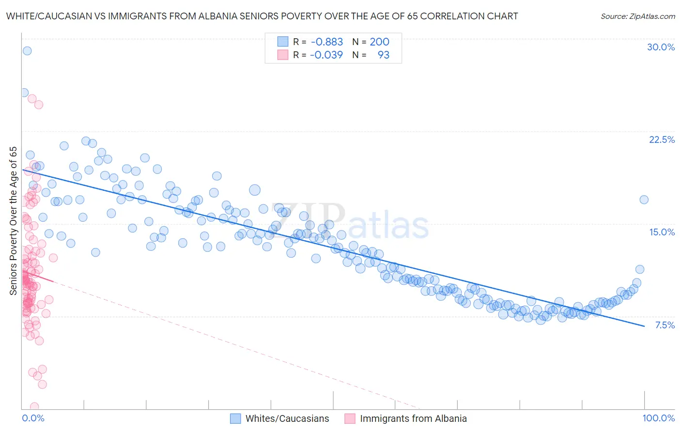 White/Caucasian vs Immigrants from Albania Seniors Poverty Over the Age of 65