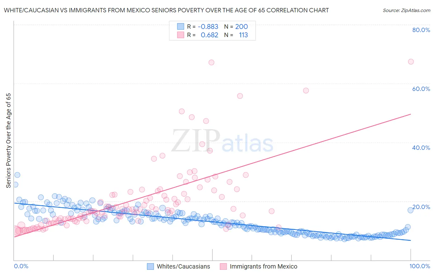 White/Caucasian vs Immigrants from Mexico Seniors Poverty Over the Age of 65