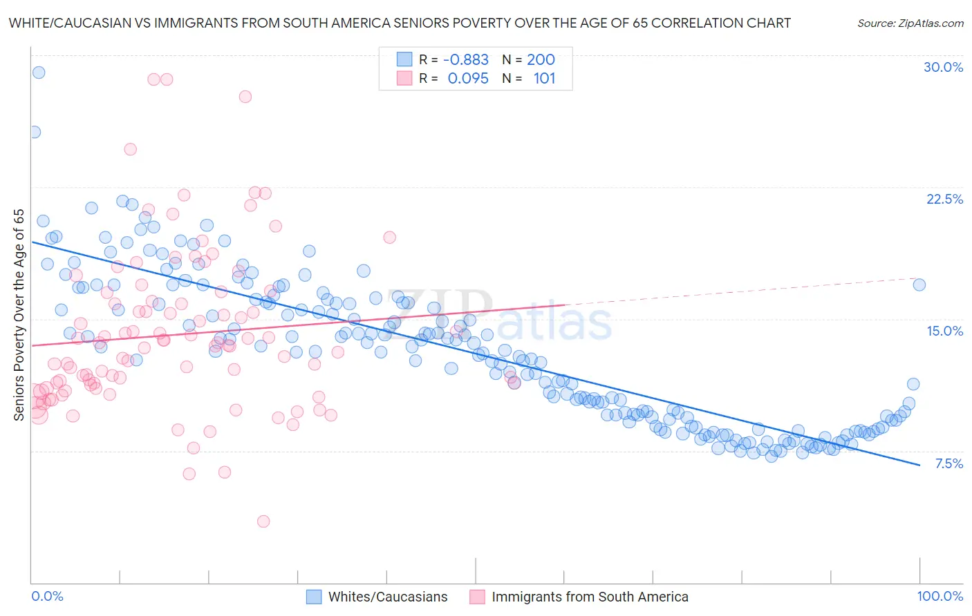 White/Caucasian vs Immigrants from South America Seniors Poverty Over the Age of 65
