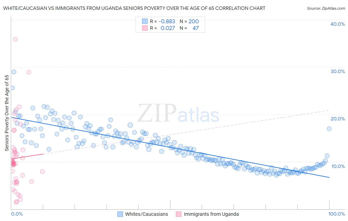 White/Caucasian vs Immigrants from Uganda Seniors Poverty Over the Age of 65