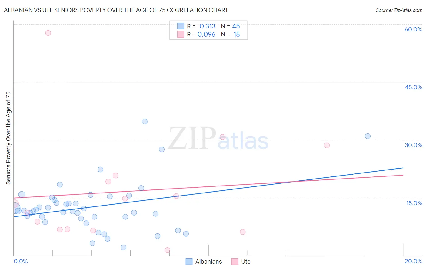 Albanian vs Ute Seniors Poverty Over the Age of 75