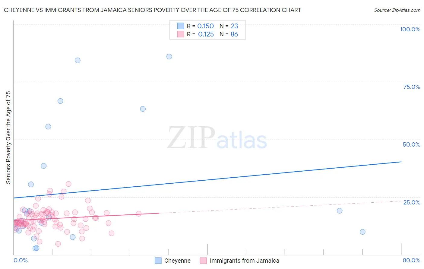 Cheyenne vs Immigrants from Jamaica Seniors Poverty Over the Age of 75
