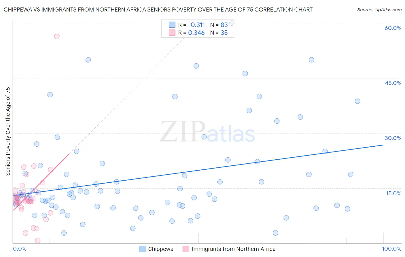 Chippewa vs Immigrants from Northern Africa Seniors Poverty Over the Age of 75