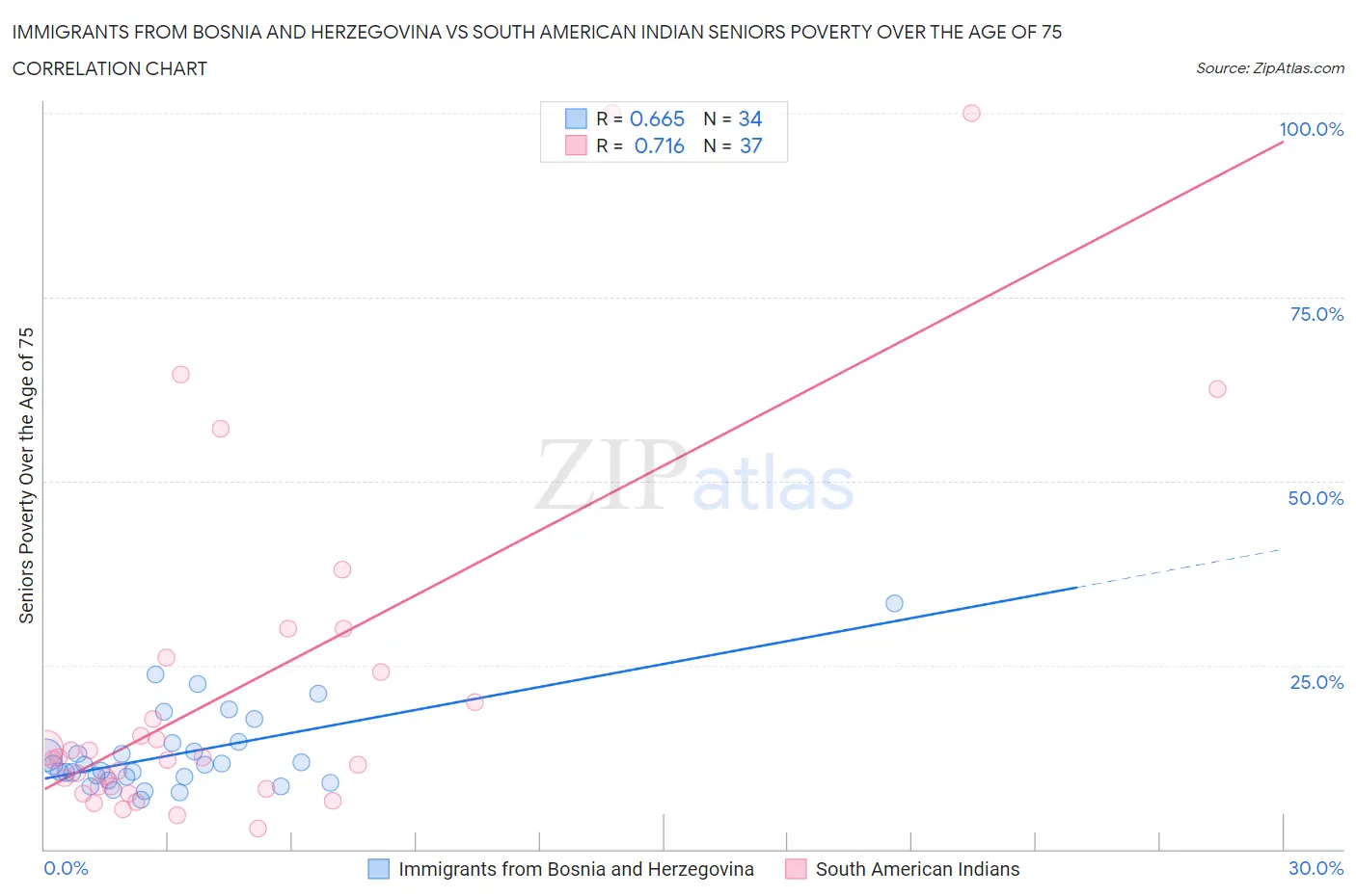 Immigrants from Bosnia and Herzegovina vs South American Indian Seniors Poverty Over the Age of 75