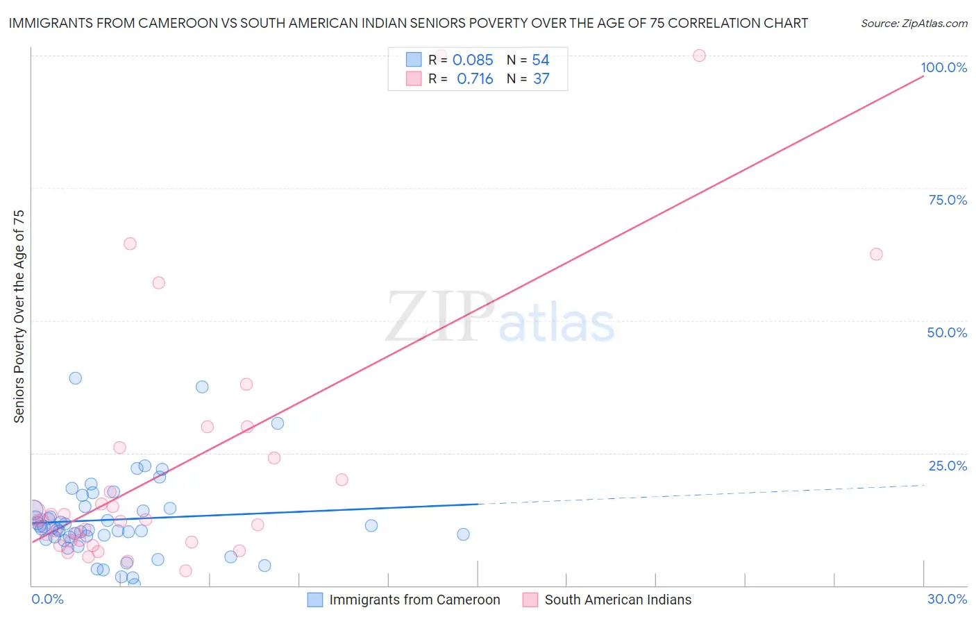 Immigrants from Cameroon vs South American Indian Seniors Poverty Over the Age of 75