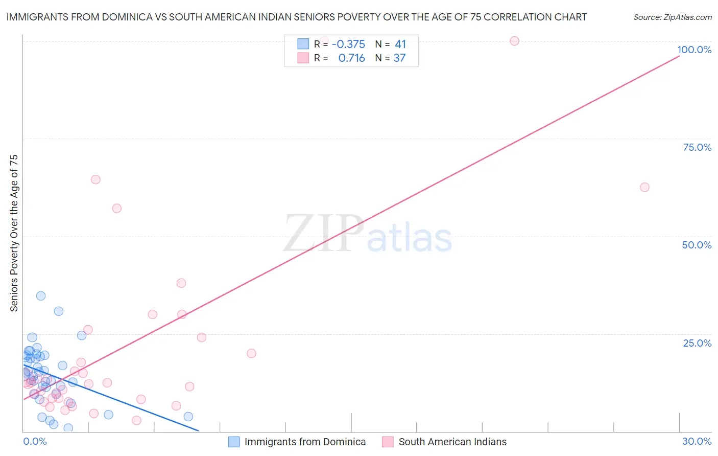 Immigrants from Dominica vs South American Indian Seniors Poverty Over the Age of 75