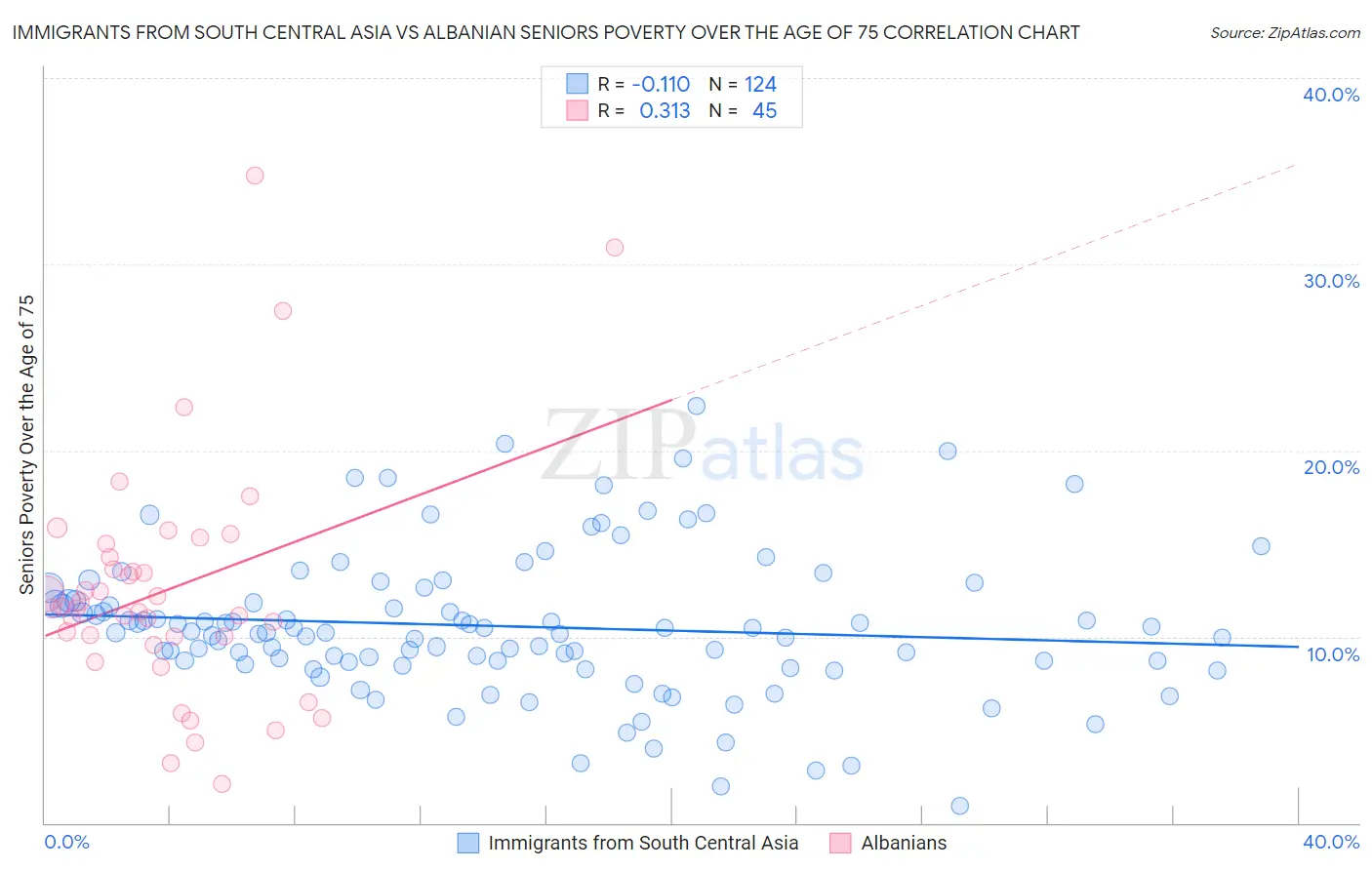 Immigrants from South Central Asia vs Albanian Seniors Poverty Over the Age of 75