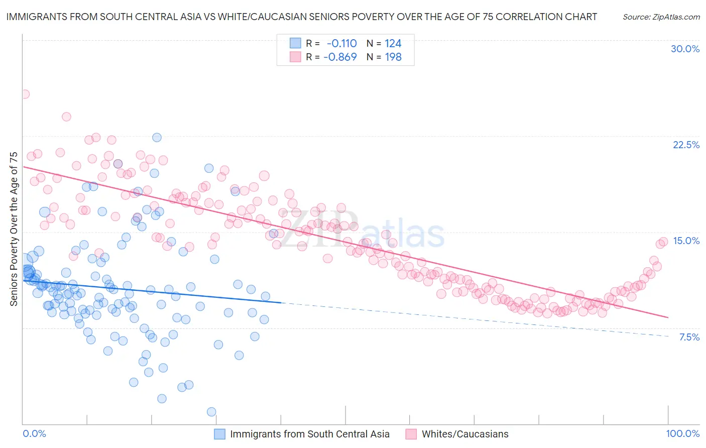 Immigrants from South Central Asia vs White/Caucasian Seniors Poverty Over the Age of 75