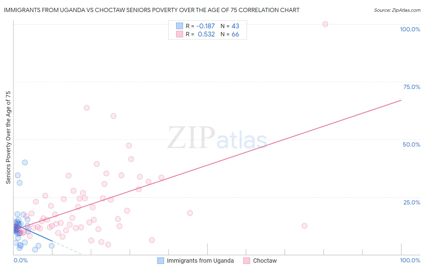 Immigrants from Uganda vs Choctaw Seniors Poverty Over the Age of 75