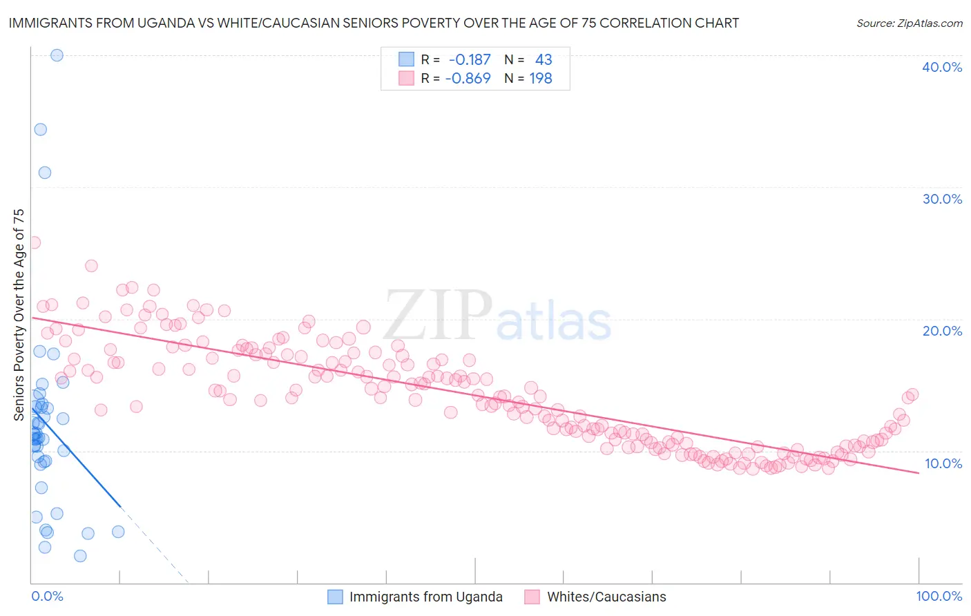 Immigrants from Uganda vs White/Caucasian Seniors Poverty Over the Age of 75