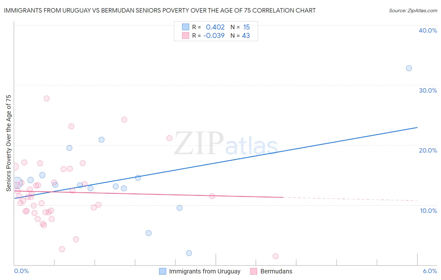 Immigrants from Uruguay vs Bermudan Seniors Poverty Over the Age of 75