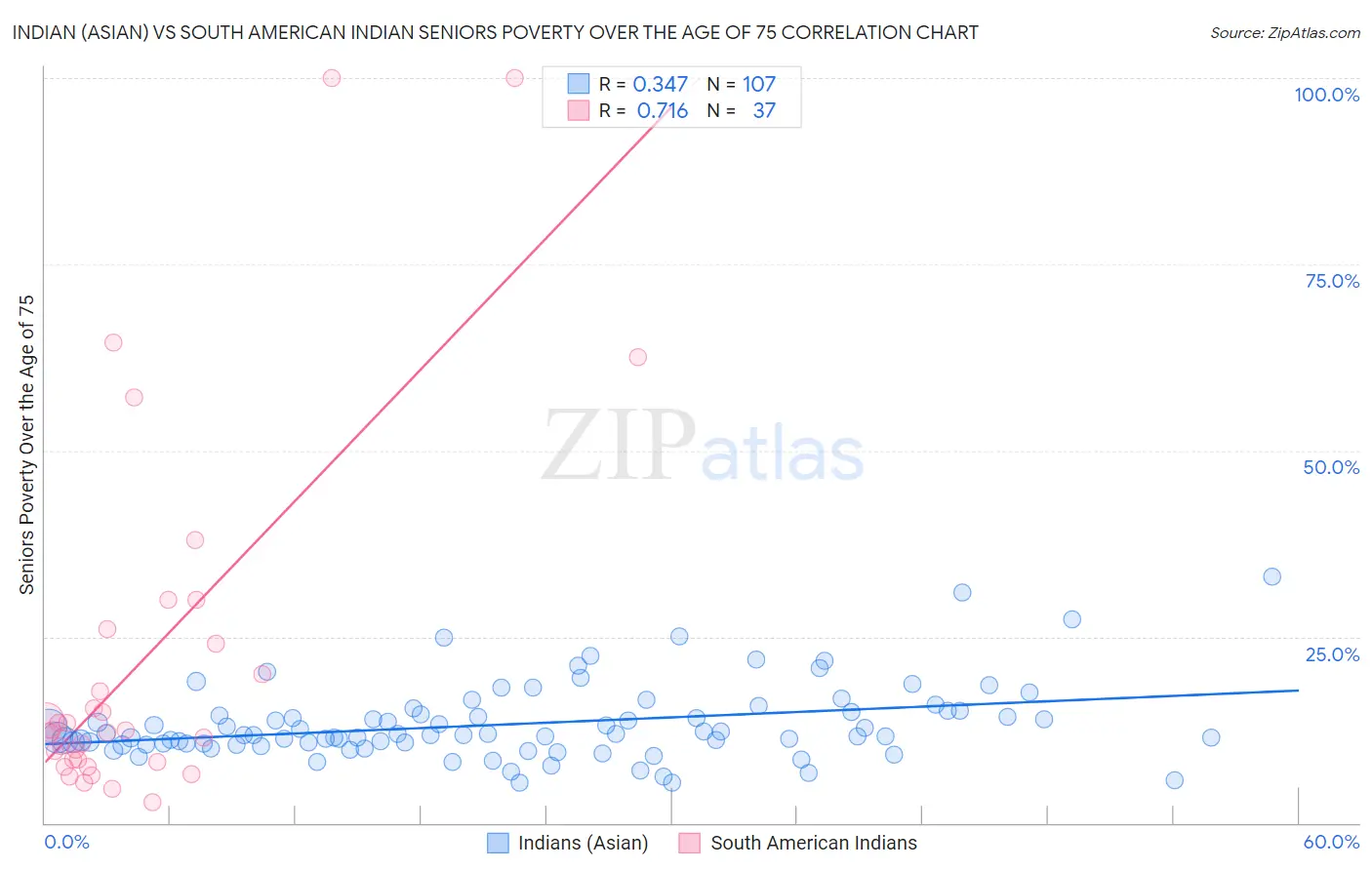 Indian (Asian) vs South American Indian Seniors Poverty Over the Age of 75