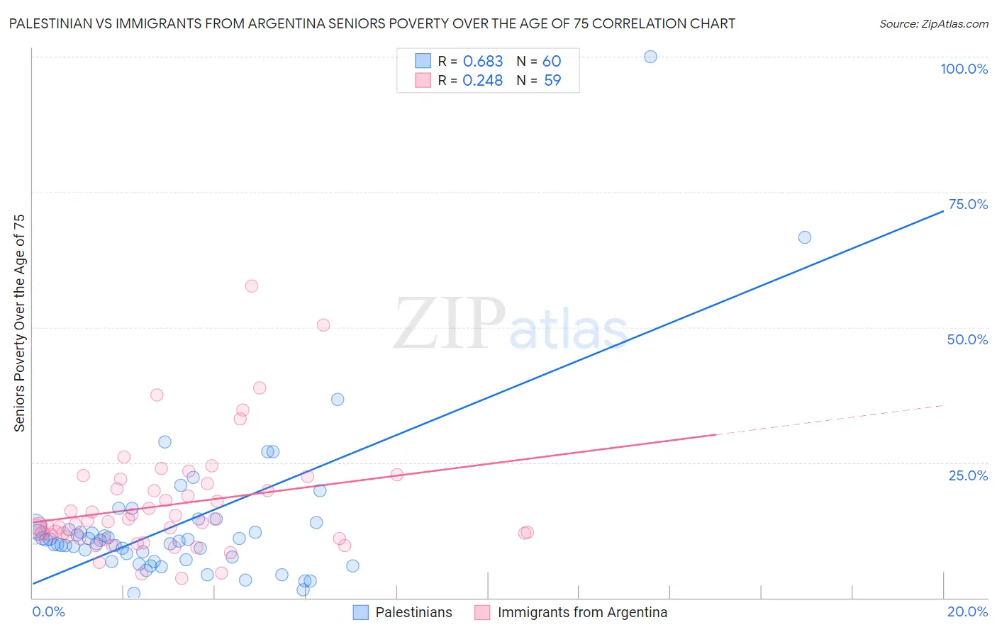 Palestinian vs Immigrants from Argentina Seniors Poverty Over the Age of 75