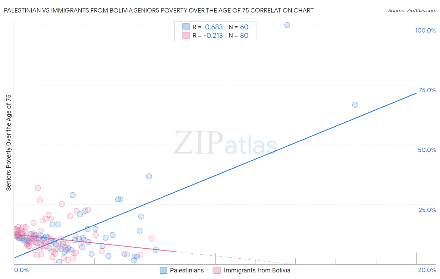 Palestinian vs Immigrants from Bolivia Seniors Poverty Over the Age of 75