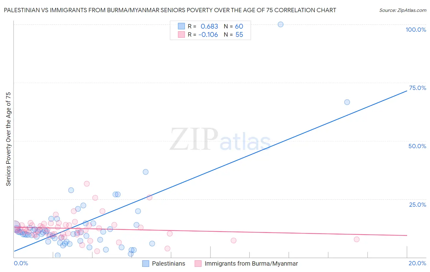 Palestinian vs Immigrants from Burma/Myanmar Seniors Poverty Over the Age of 75