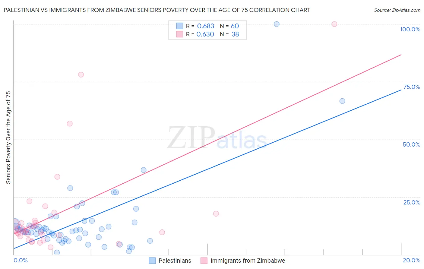 Palestinian vs Immigrants from Zimbabwe Seniors Poverty Over the Age of 75