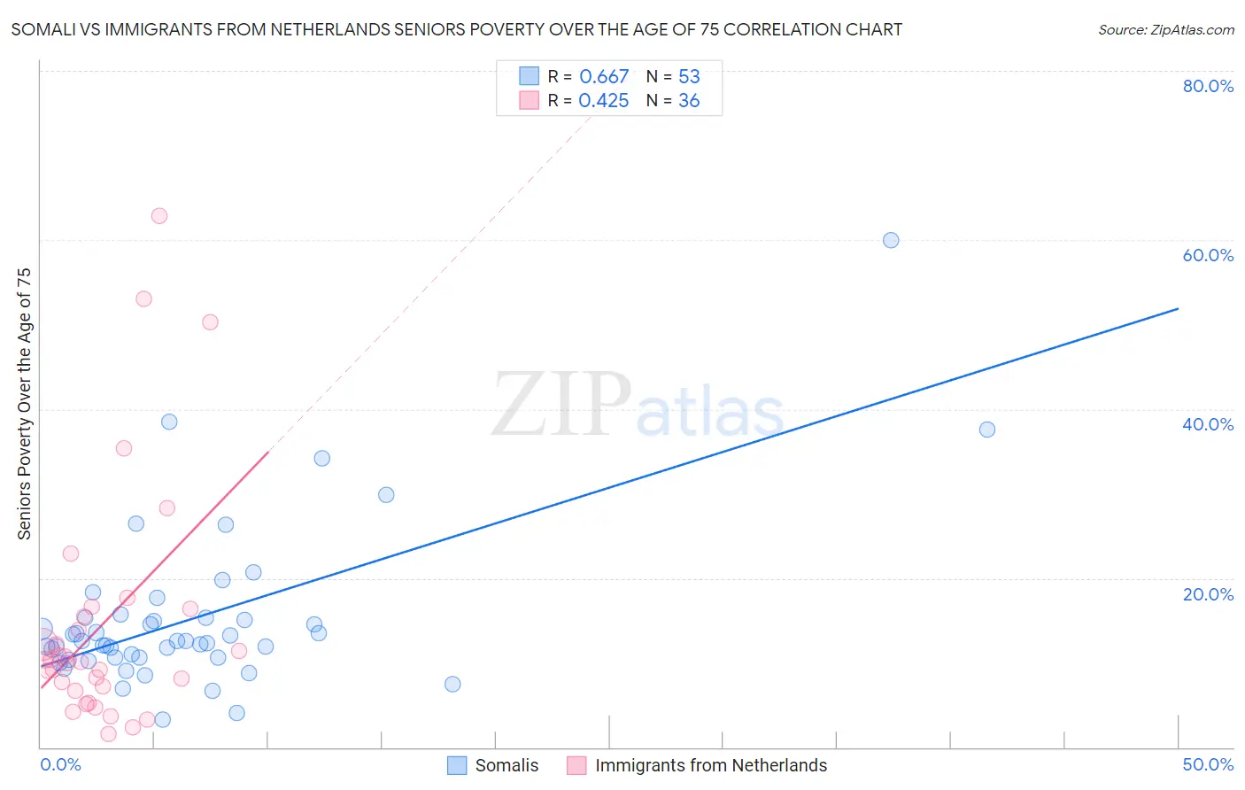 Somali vs Immigrants from Netherlands Seniors Poverty Over the Age of 75