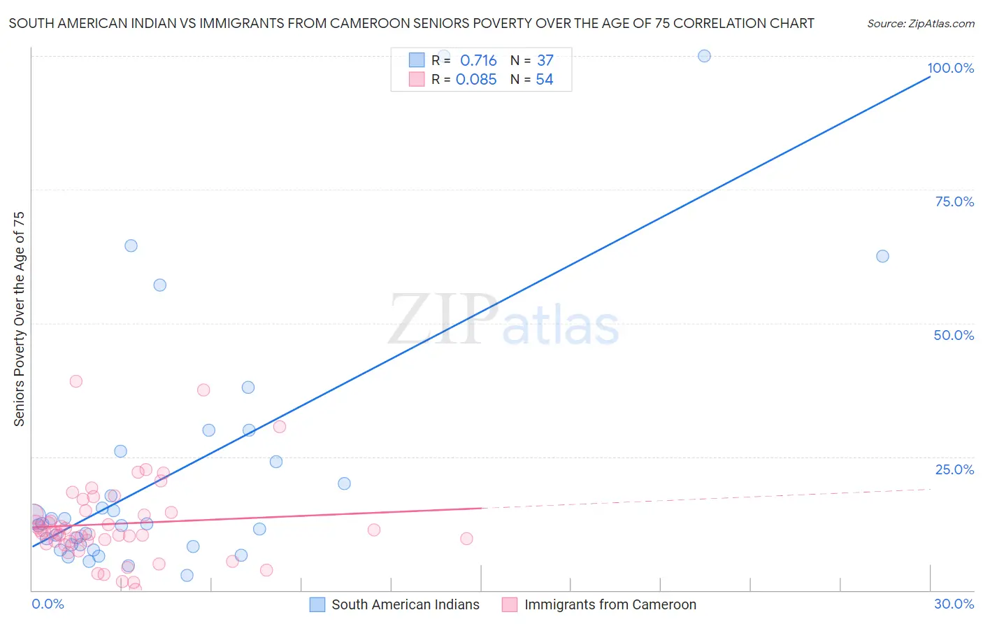 South American Indian vs Immigrants from Cameroon Seniors Poverty Over the Age of 75