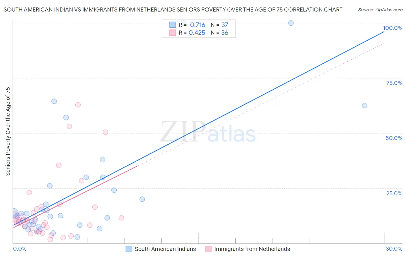 South American Indian vs Immigrants from Netherlands Seniors Poverty Over the Age of 75