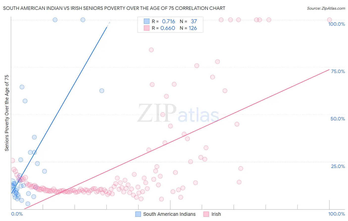 South American Indian vs Irish Seniors Poverty Over the Age of 75