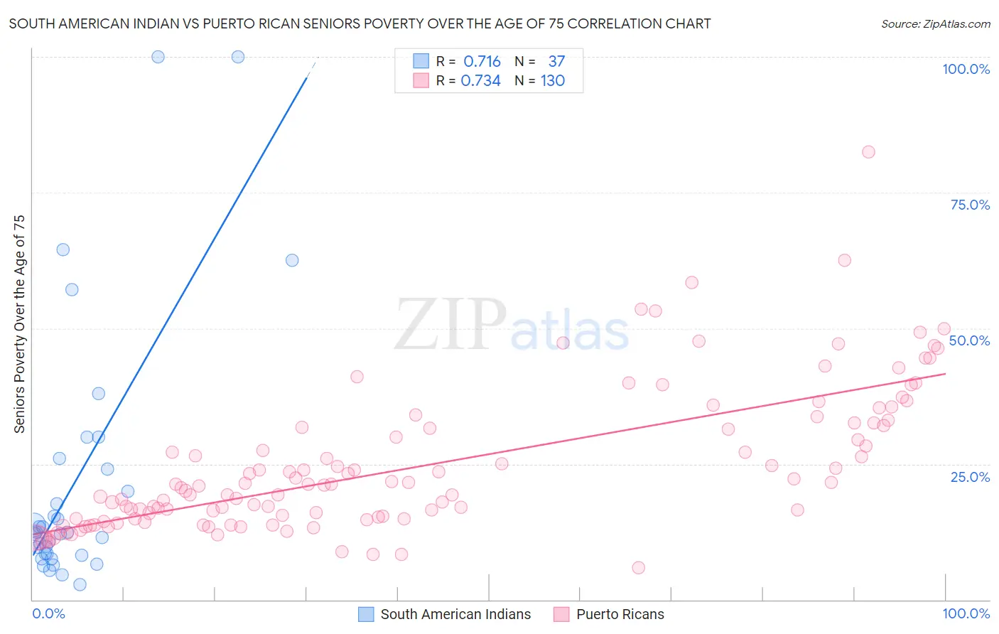 South American Indian vs Puerto Rican Seniors Poverty Over the Age of 75