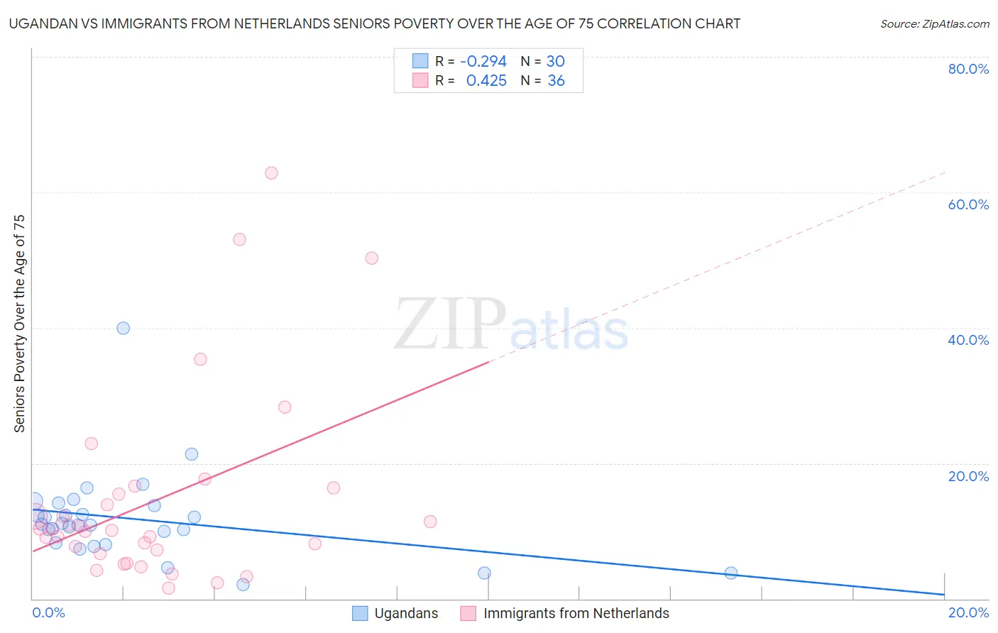 Ugandan vs Immigrants from Netherlands Seniors Poverty Over the Age of 75