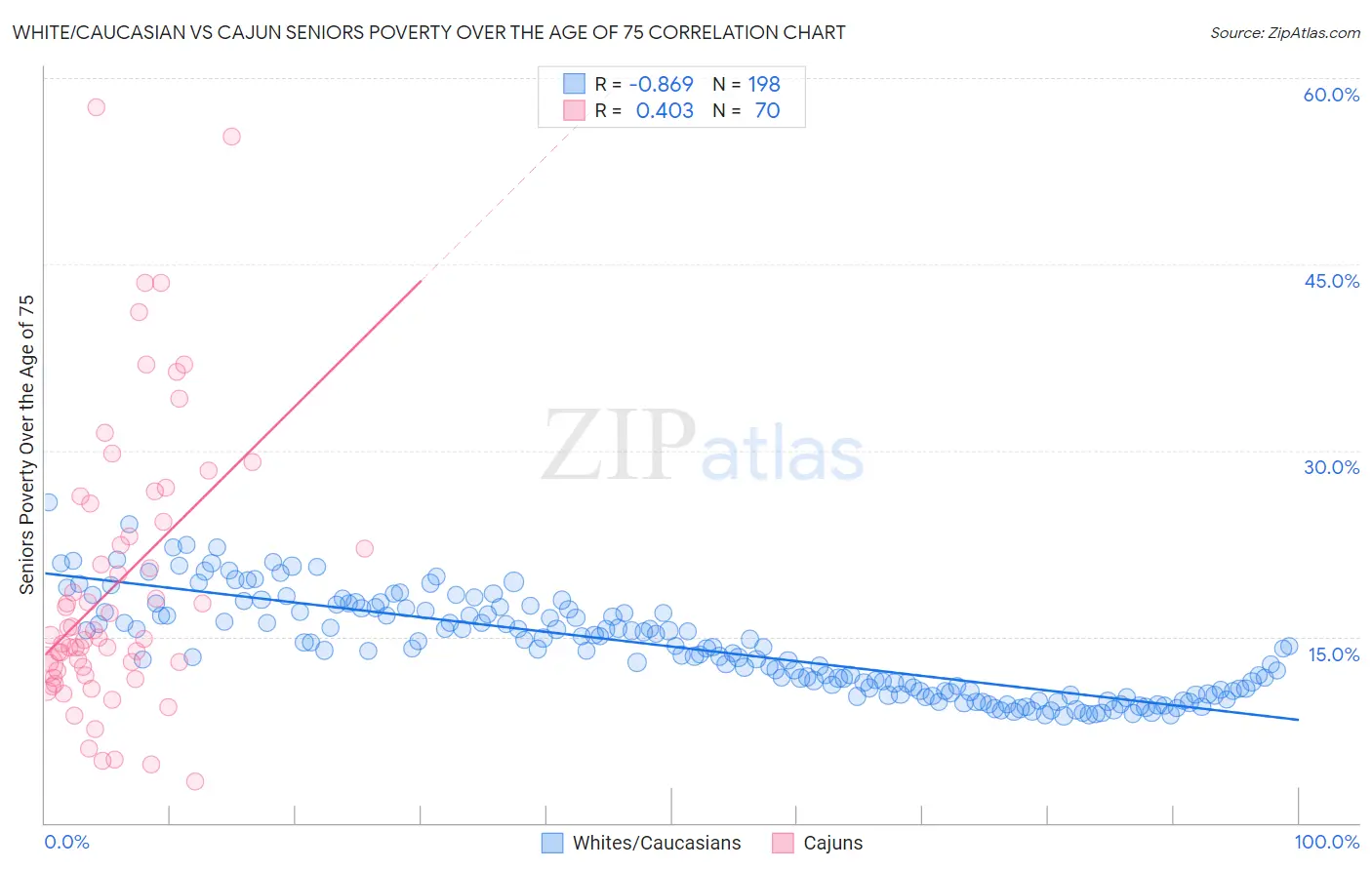 White/Caucasian vs Cajun Seniors Poverty Over the Age of 75