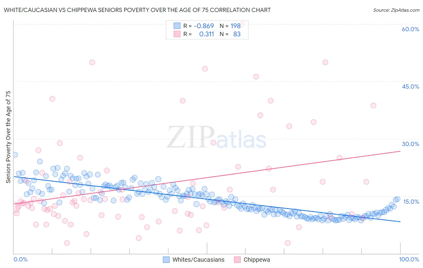 White/Caucasian vs Chippewa Seniors Poverty Over the Age of 75