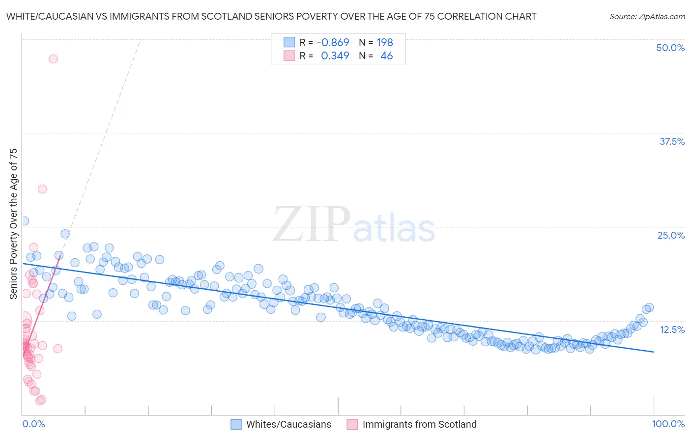 White/Caucasian vs Immigrants from Scotland Seniors Poverty Over the Age of 75