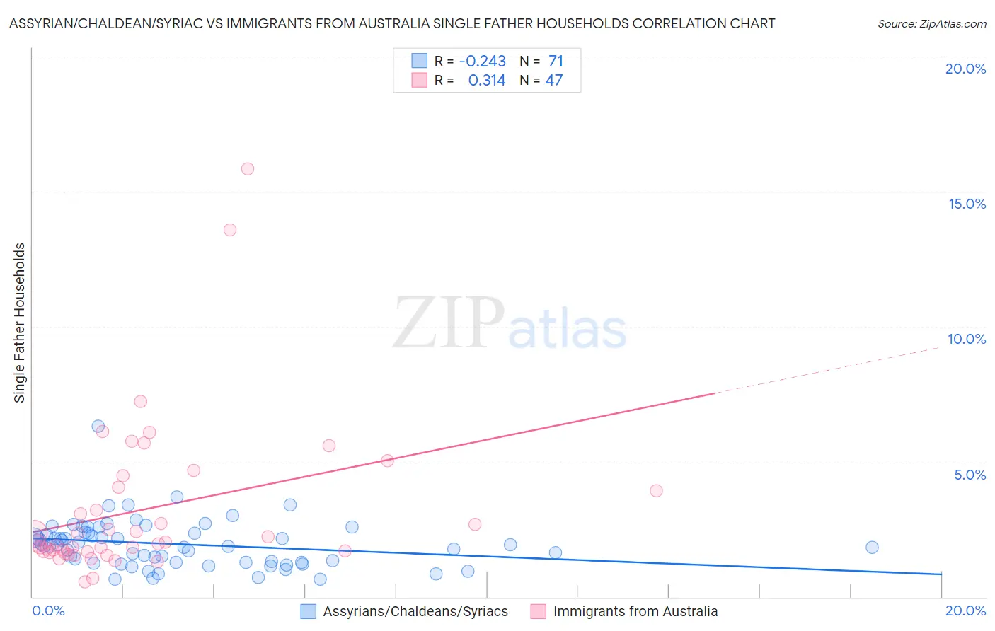 Assyrian/Chaldean/Syriac vs Immigrants from Australia Single Father Households