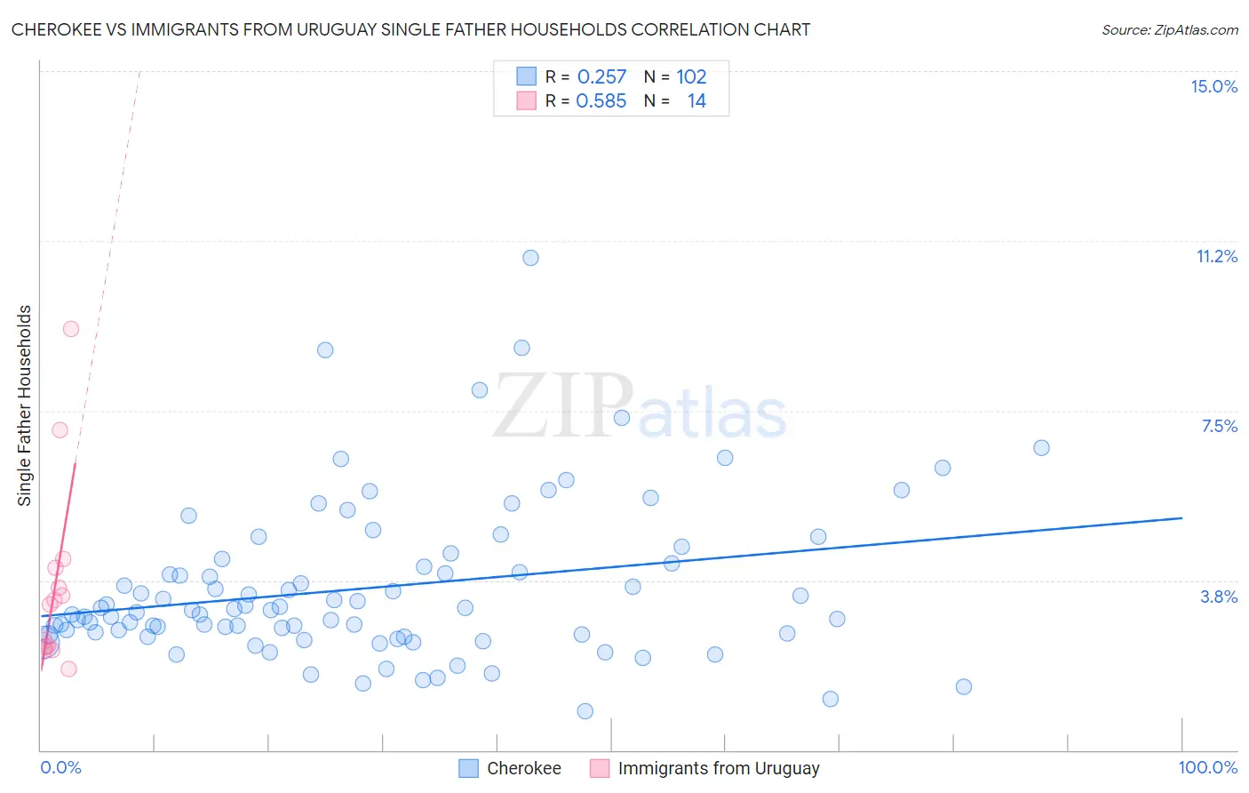 Cherokee vs Immigrants from Uruguay Single Father Households