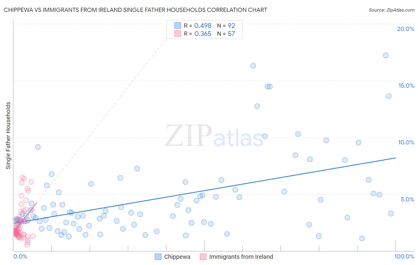 Chippewa vs Immigrants from Ireland Single Father Households