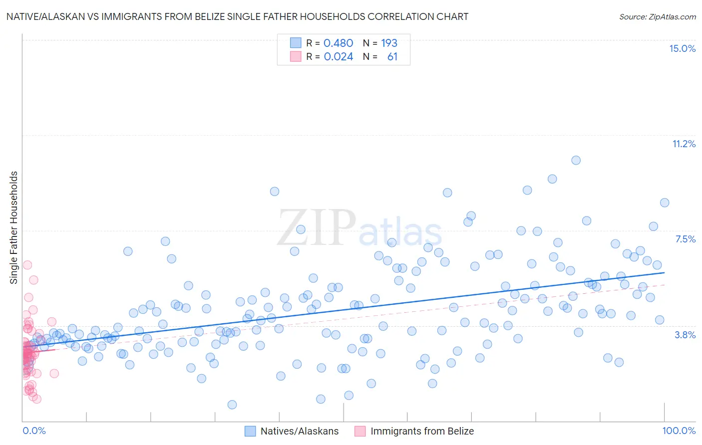 Native/Alaskan vs Immigrants from Belize Single Father Households