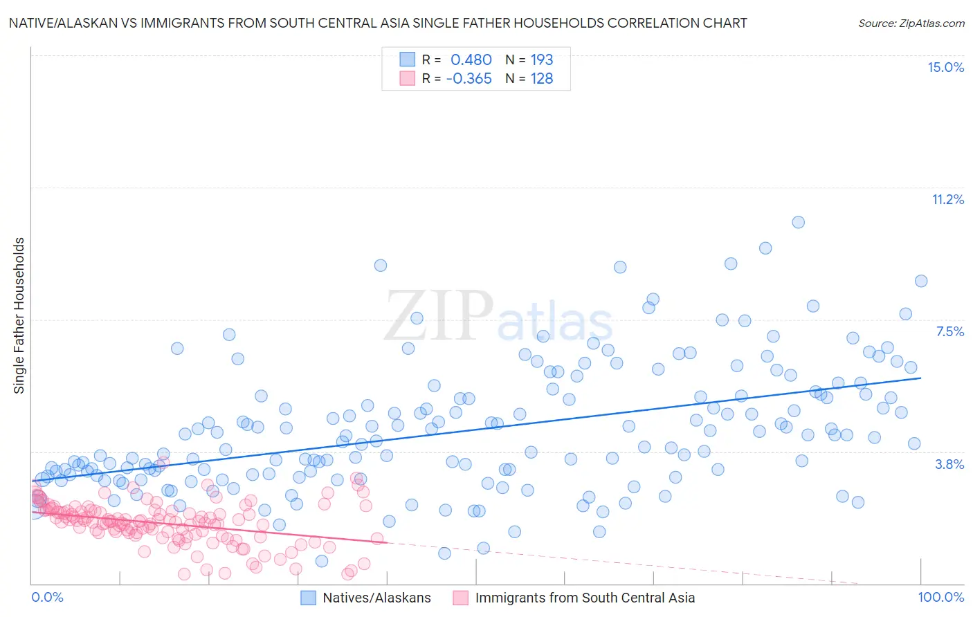 Native/Alaskan vs Immigrants from South Central Asia Single Father Households