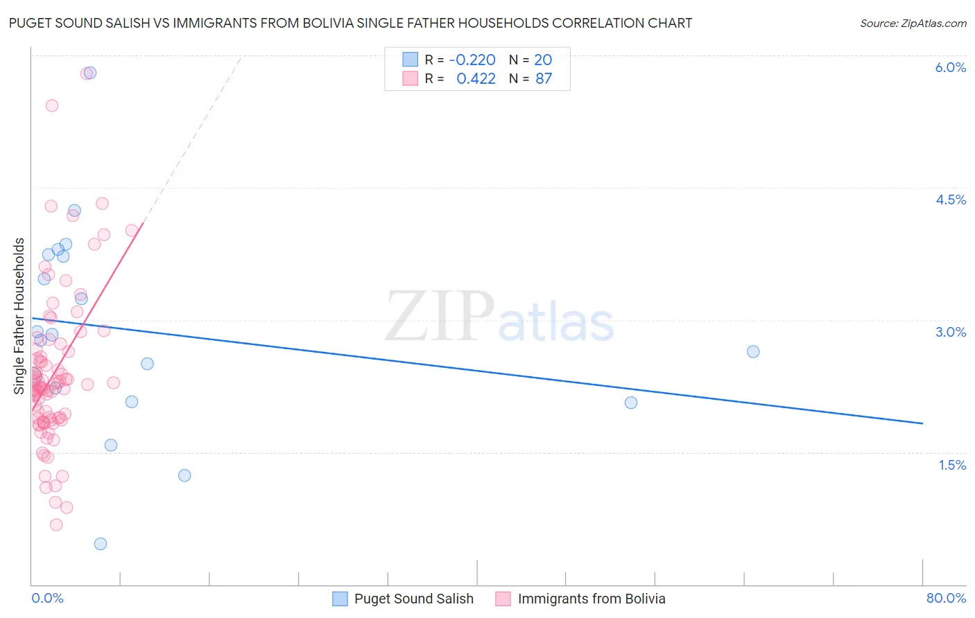 Puget Sound Salish vs Immigrants from Bolivia Single Father Households