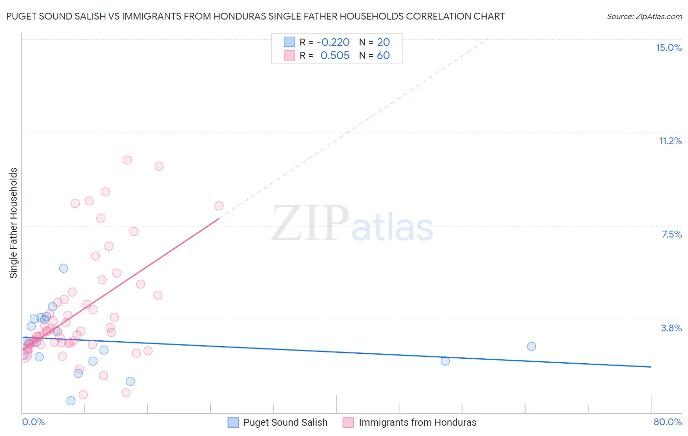 Puget Sound Salish vs Immigrants from Honduras Single Father Households