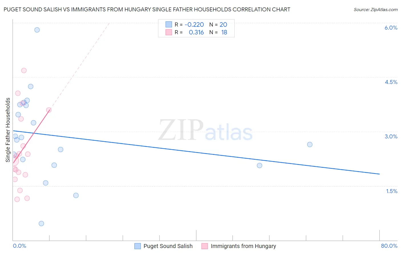 Puget Sound Salish vs Immigrants from Hungary Single Father Households
