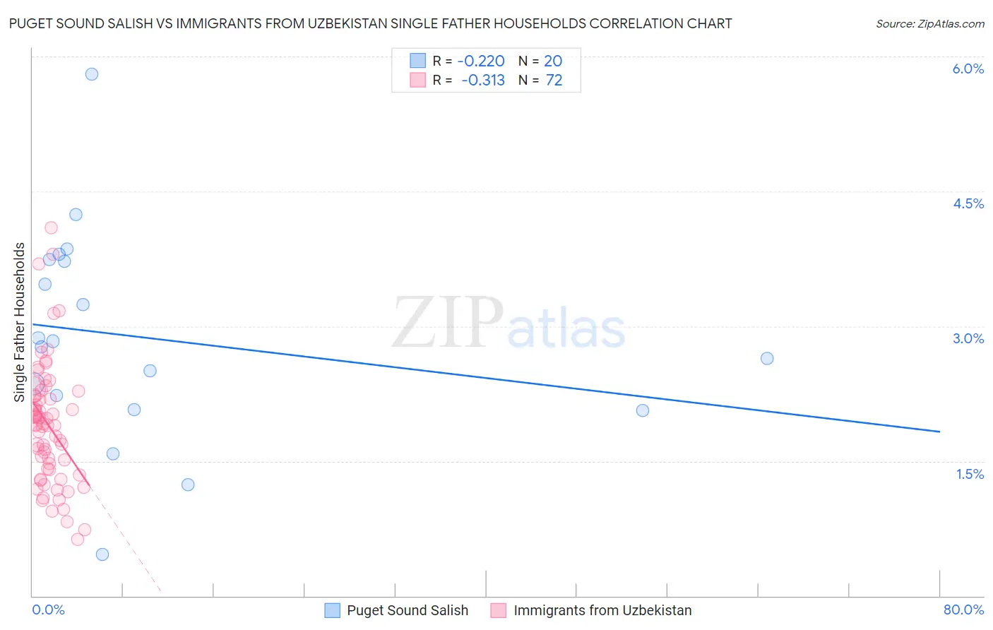 Puget Sound Salish vs Immigrants from Uzbekistan Single Father Households