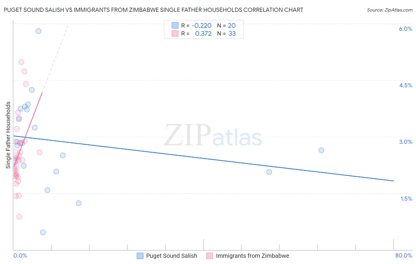 Puget Sound Salish vs Immigrants from Zimbabwe Single Father Households