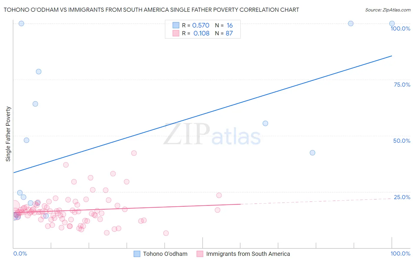 Tohono O'odham vs Immigrants from South America Single Father Poverty