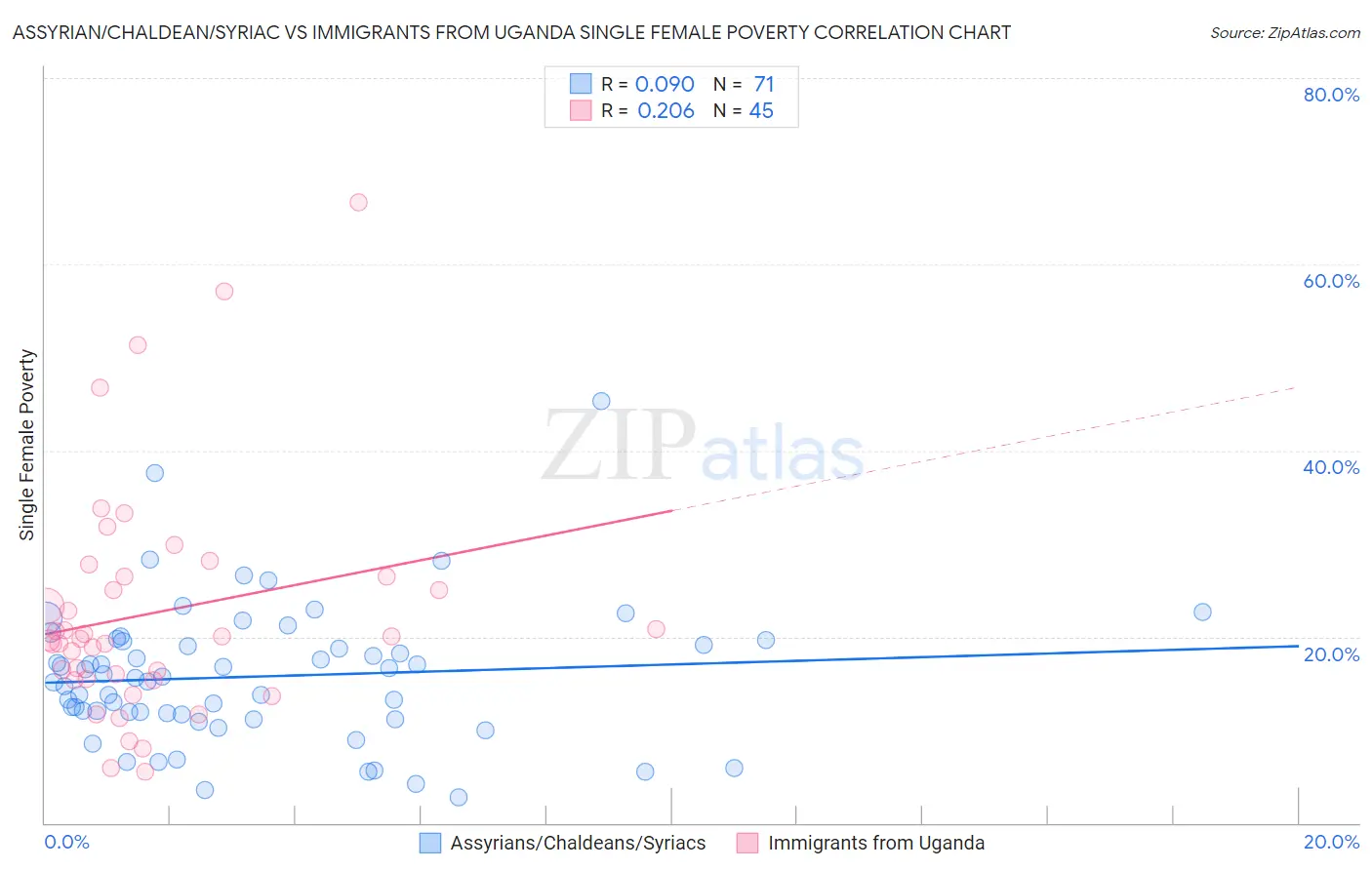 Assyrian/Chaldean/Syriac vs Immigrants from Uganda Single Female Poverty